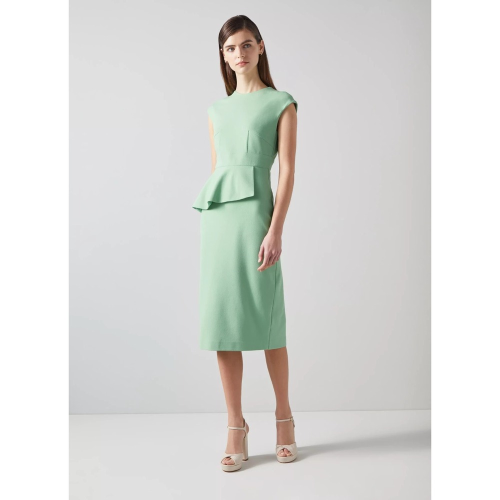 L.K. Bennett London Mia Green Peplum Dress Sz 14 NWT EcoVero Sleeveless Elegant